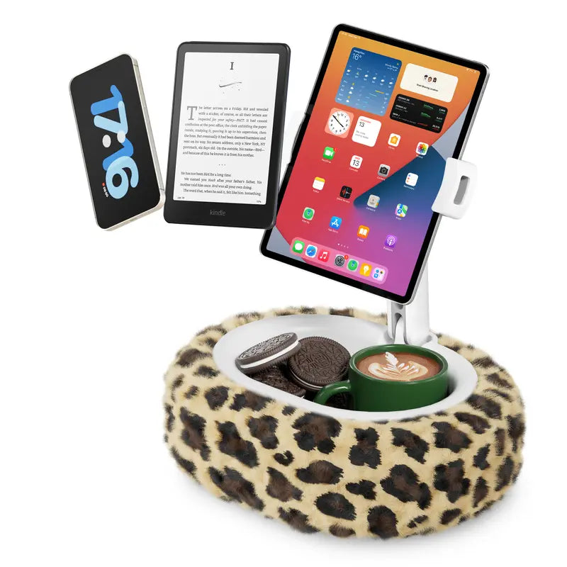 Viozon Sturdy Leopard Print Pillow Mount Stand, Compatible with 4-11" Tablet/Phone, Includes Small Bowl, Smartphone & Kindle Holder Accessory for Bed Reading, Video Watching